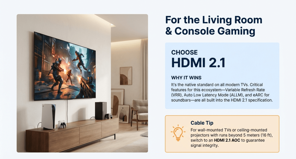 For wall runs or projector ceilings beyond ~5 m, switch to HDMI 2.1 AOC. Ensure correct direction (source → display) and power spec.